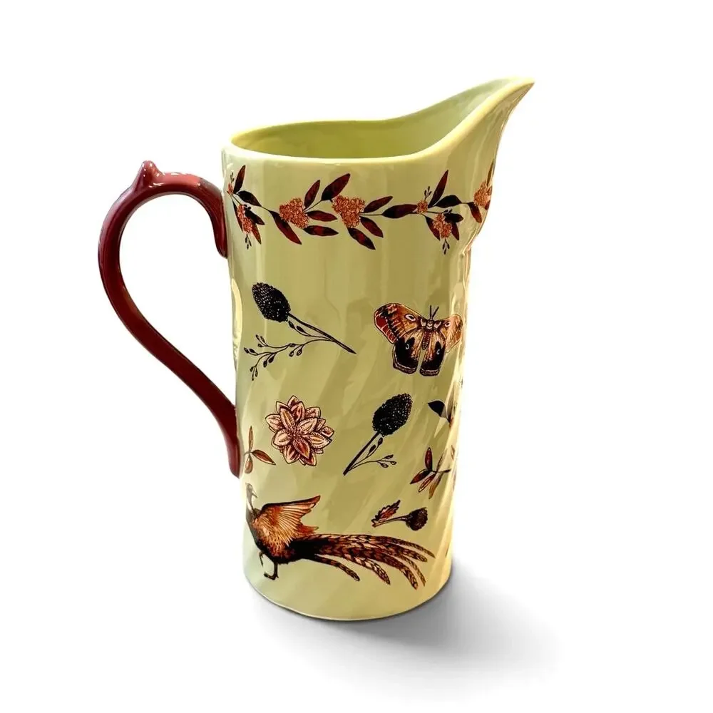 Anthropologie Elin Pitcher Handpainted Stoneware Pheasant Floral 18.5